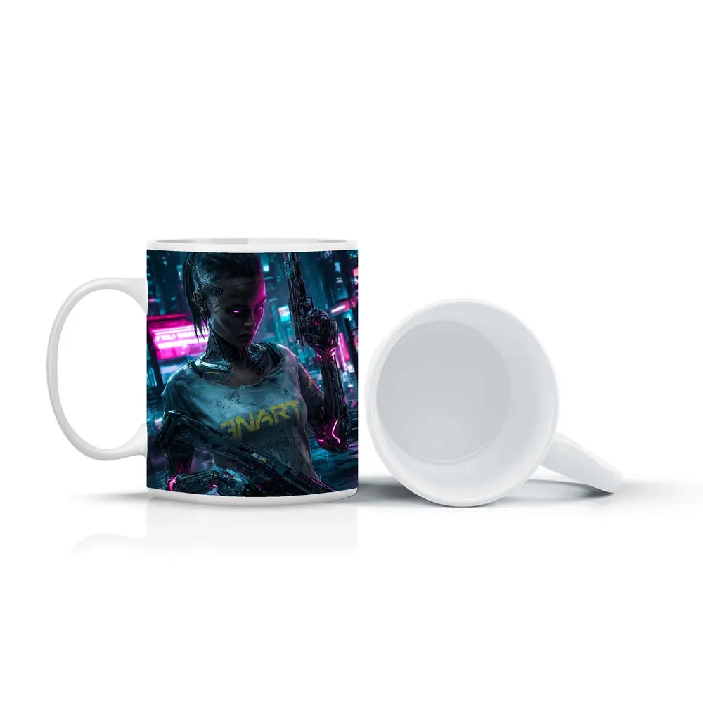 Cyberpunk Female Cyborg Neon City Street – Mugs