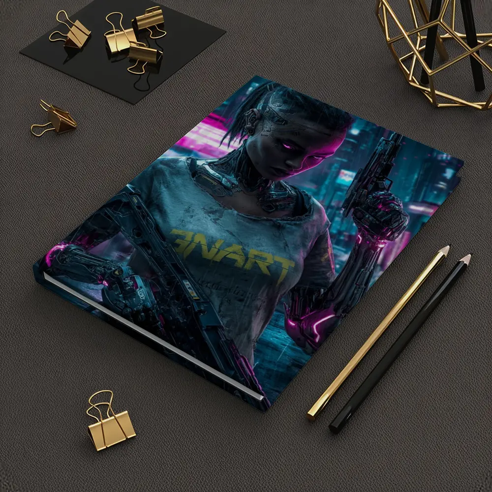 Cyberpunk Female Cyborg Neon City Street – Notebooks