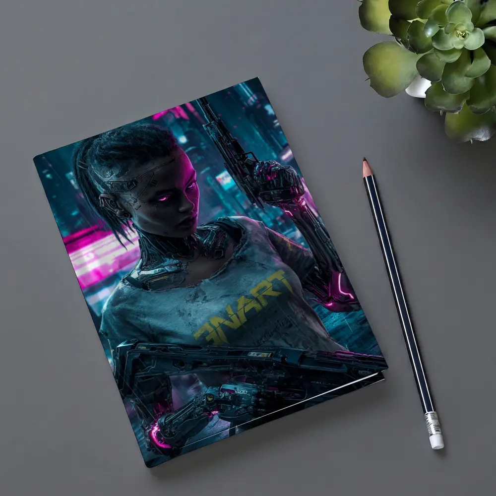 Cyberpunk Female Cyborg Neon City Street – Notebooks