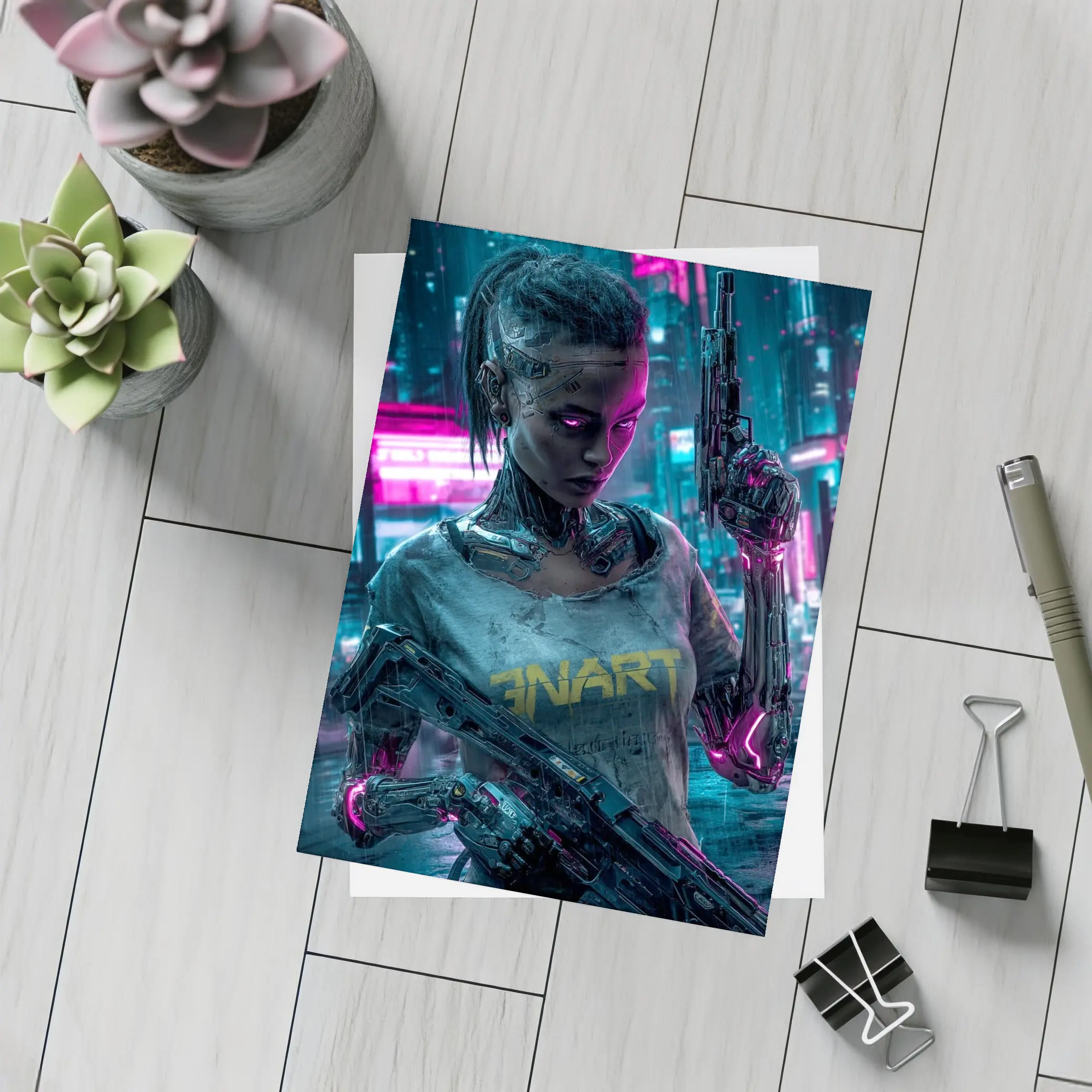 Cyberpunk Female Cyborg Neon City Street – Postcards