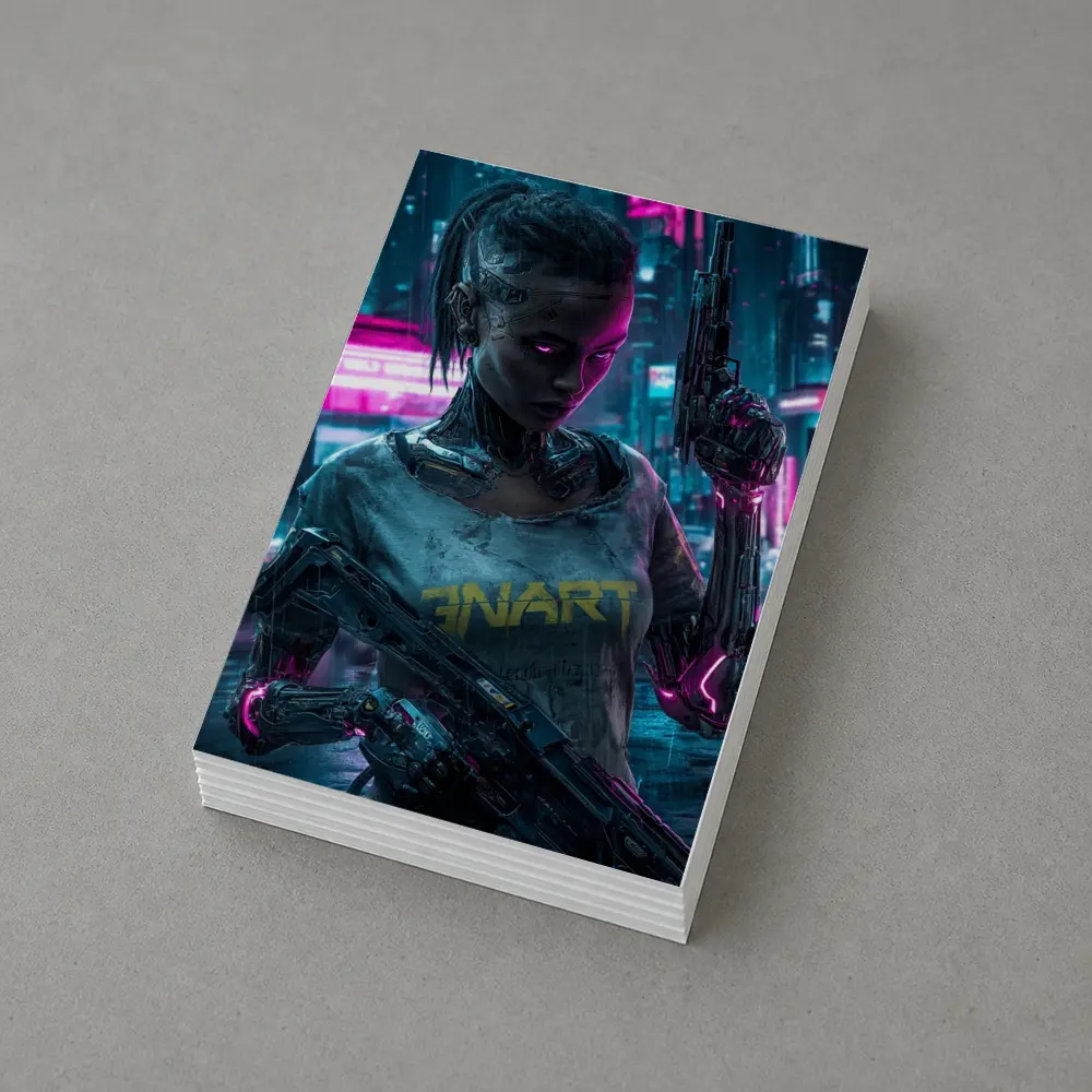 Cyberpunk Female Cyborg Neon City Street – Postcards