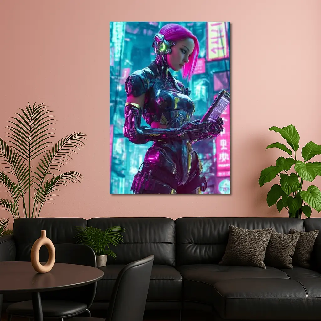 Cyberpunk Female Robot Pink Neon City – Wall Art