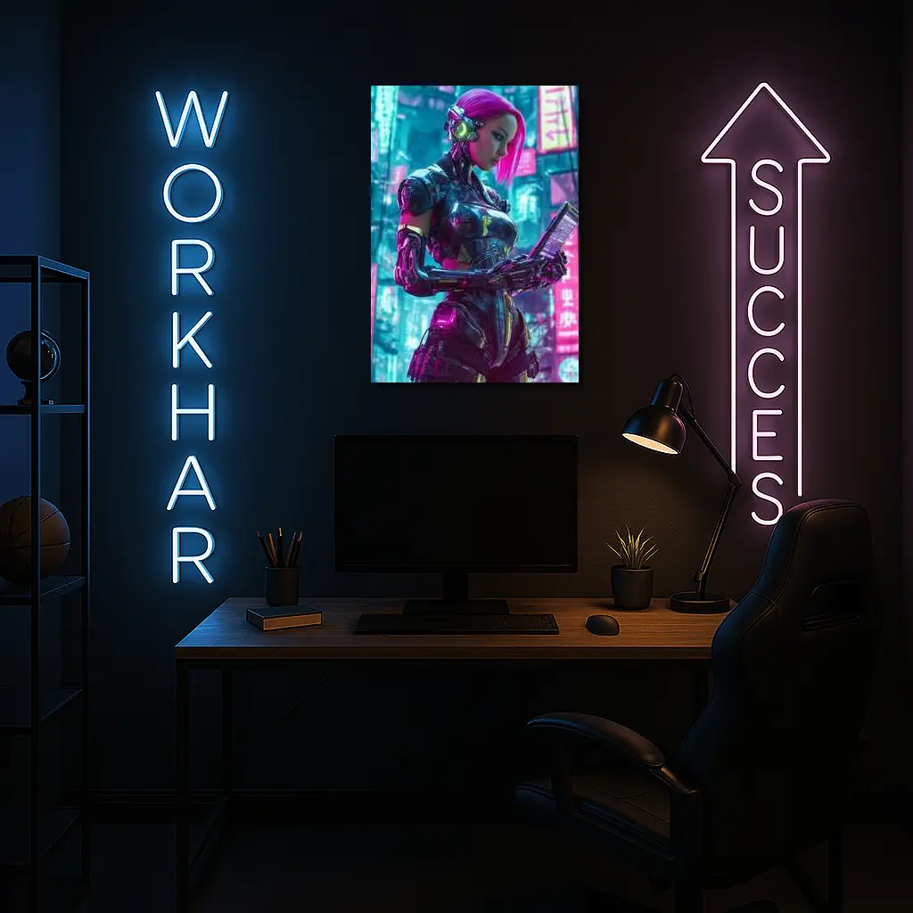 Cyberpunk Female Robot Pink Neon City – Wall Art