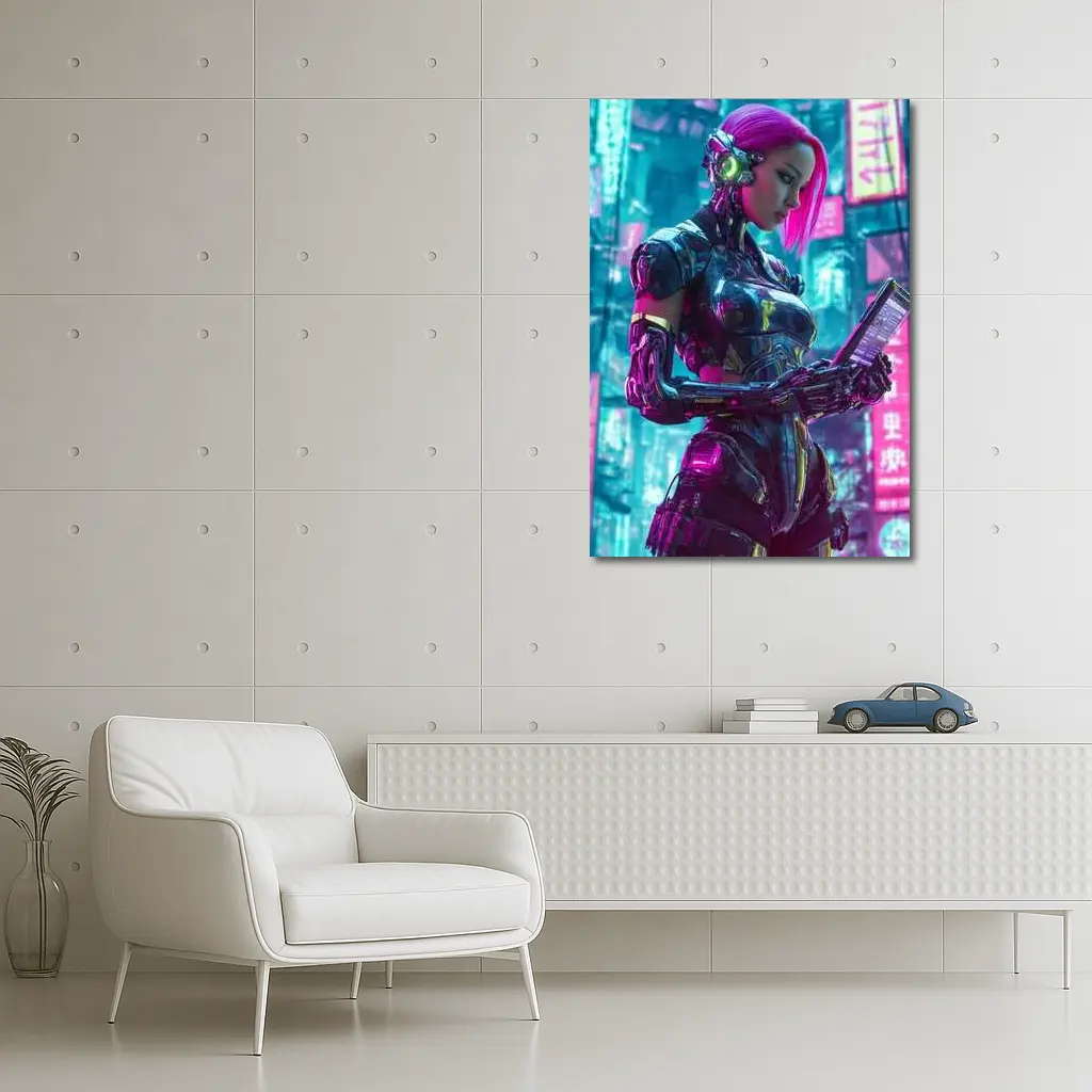 Cyberpunk Female Robot Pink Neon City – Wall Art