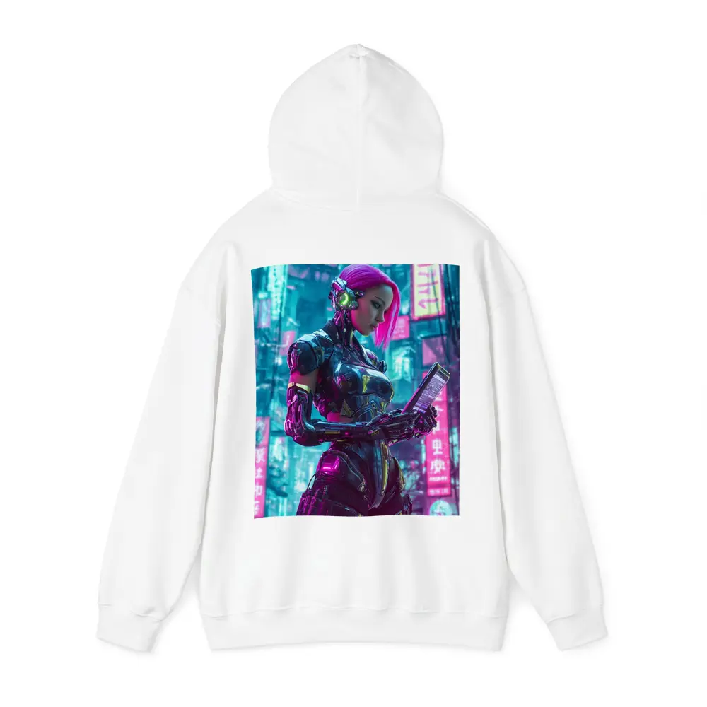 Cyberpunk Female Robot Pink Neon City – Hoodies