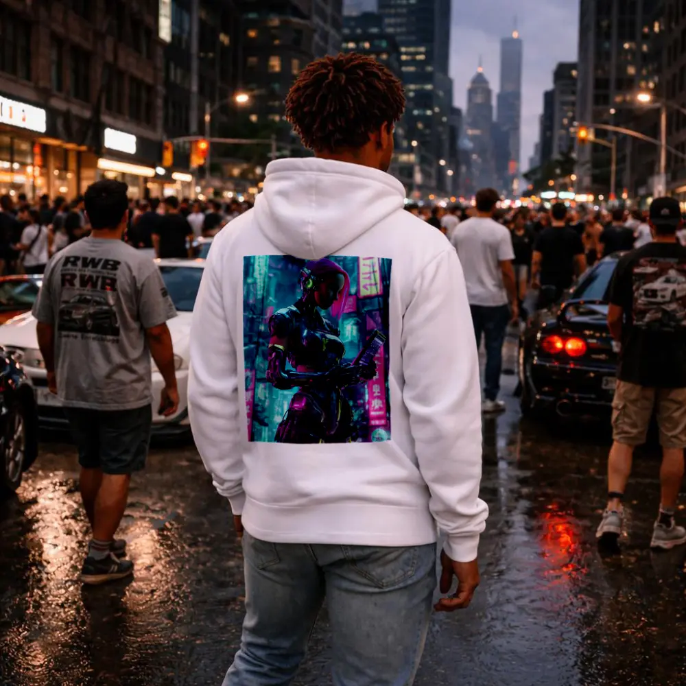Cyberpunk Female Robot Pink Neon City – Hoodies