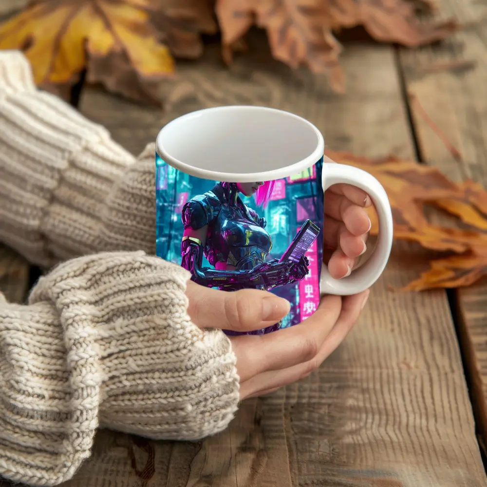 Cyberpunk Female Robot Pink Neon City – Mugs