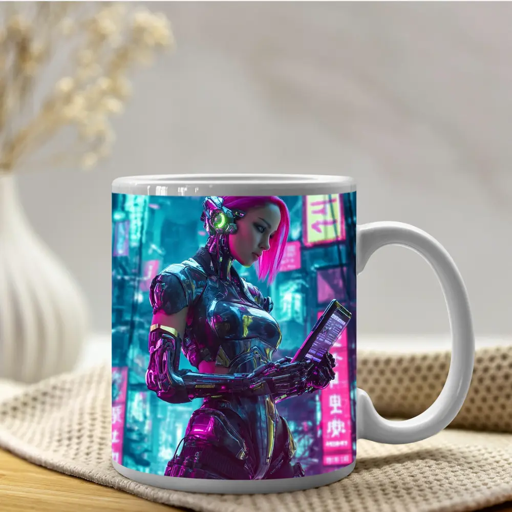 Cyberpunk Female Robot Pink Neon City – Mugs