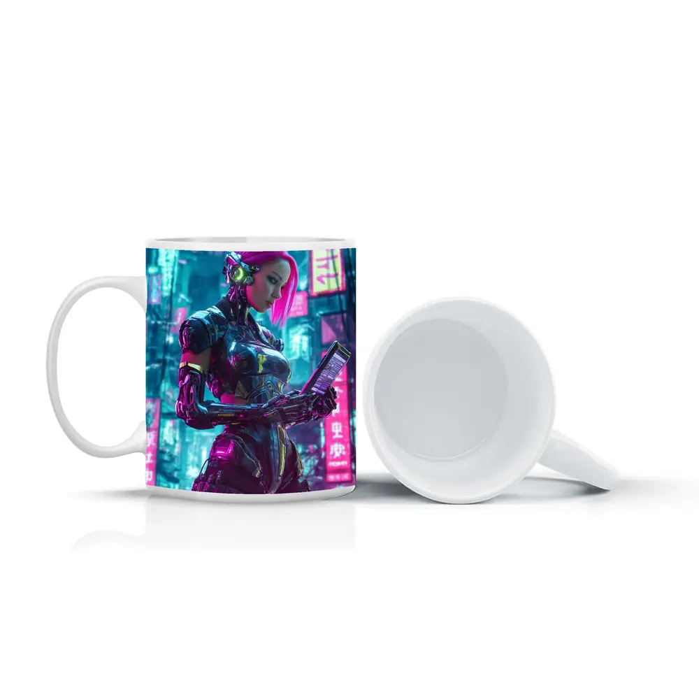 Cyberpunk Female Robot Pink Neon City – Mugs