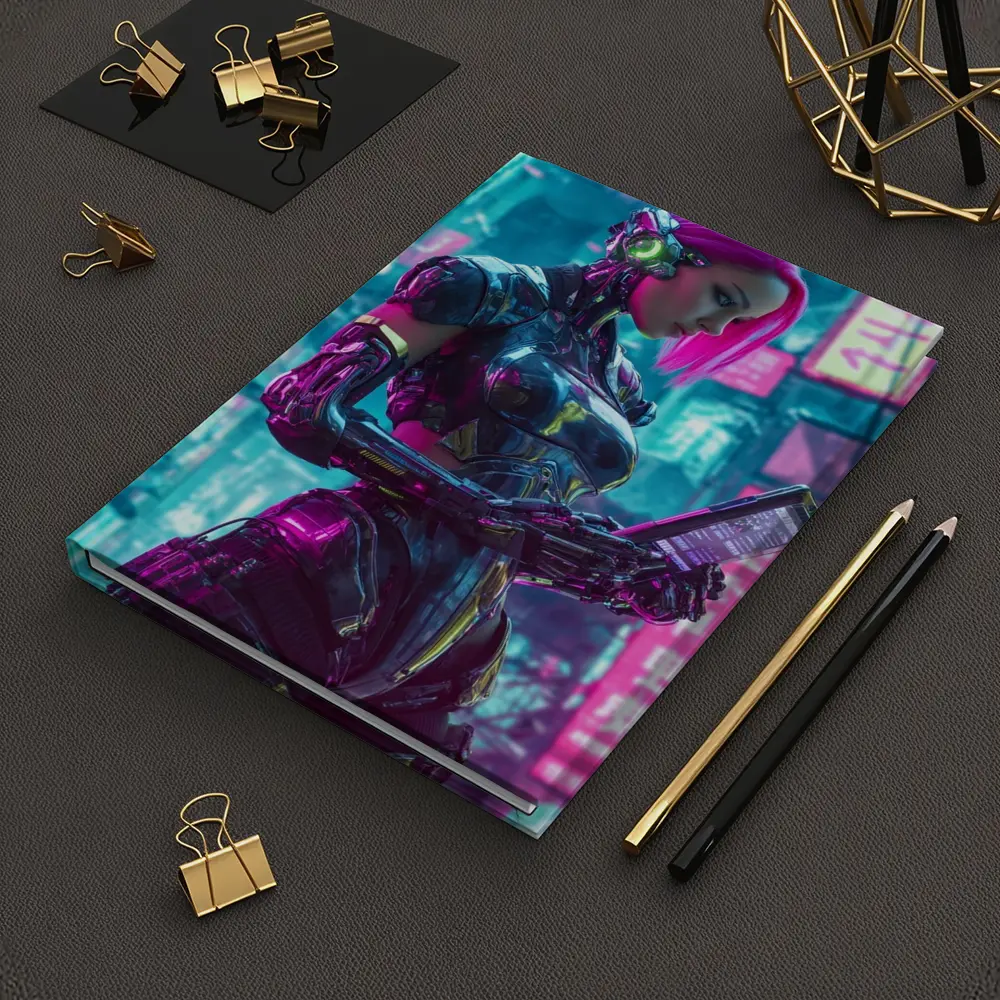 Cyberpunk Female Robot Pink Neon City – Notebooks