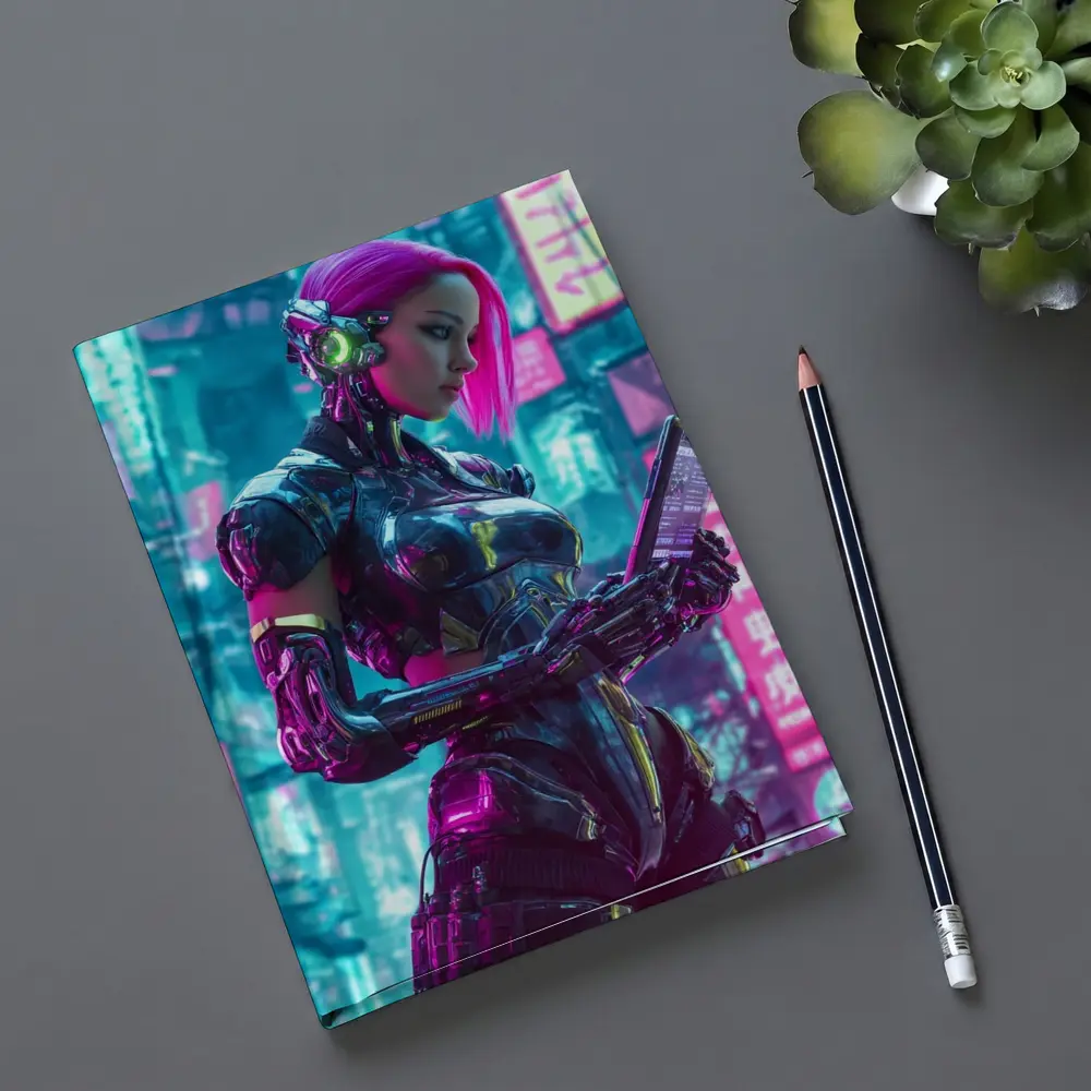 Cyberpunk Female Robot Pink Neon City – Notebooks