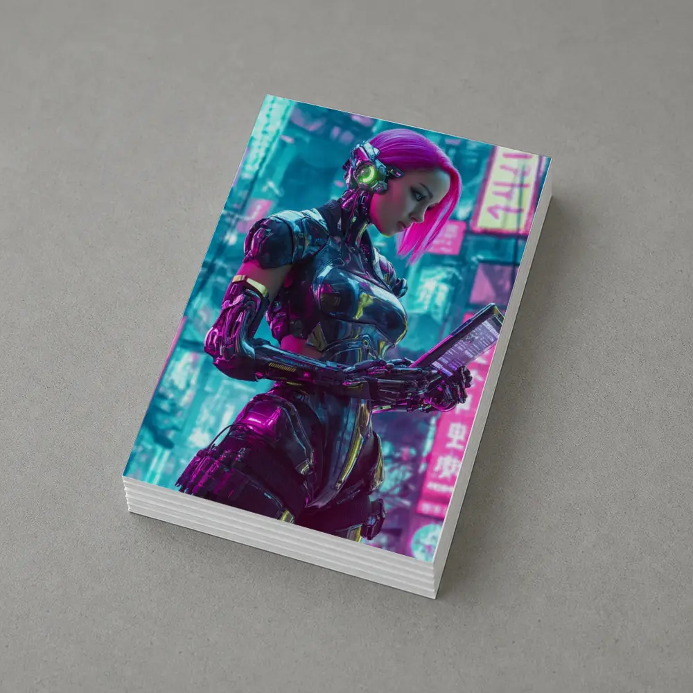 Cyberpunk Female Robot Pink Neon City – Postcards