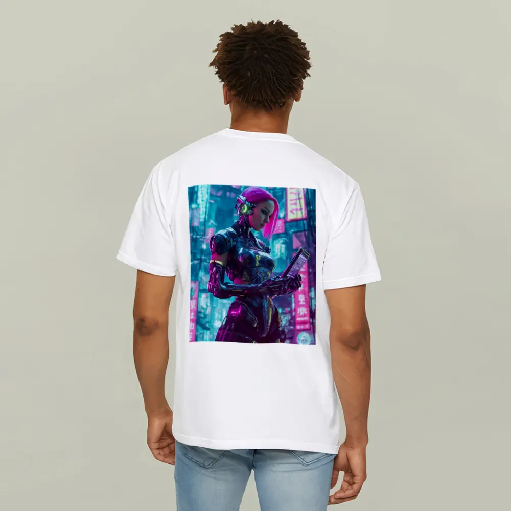 Cyberpunk Female Robot Pink Neon City – T-Shirts