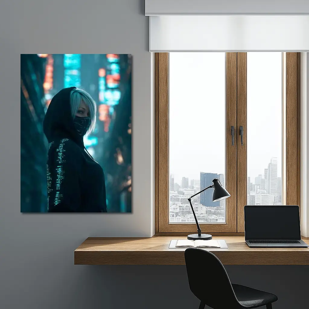 Cyberpunk Girl Neon City Night Street – Wall Art