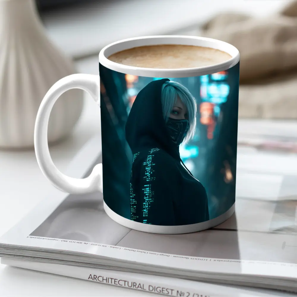 Cyberpunk Girl Neon City Night Street – Mugs
