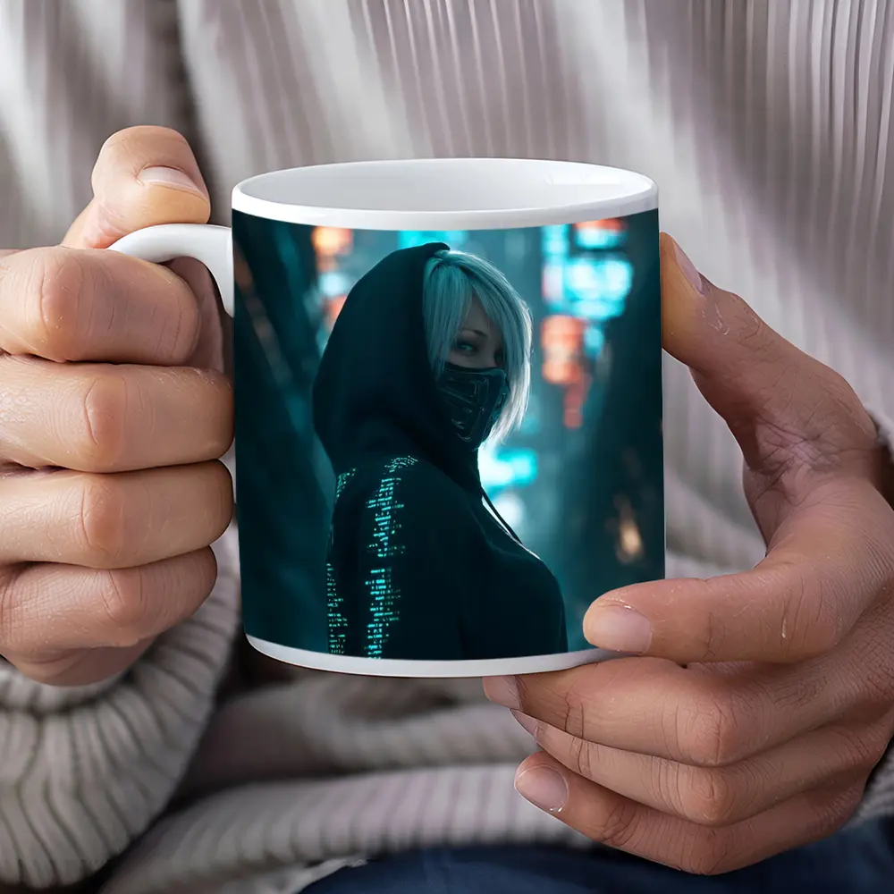 Cyberpunk Girl Neon City Night Street – Mugs