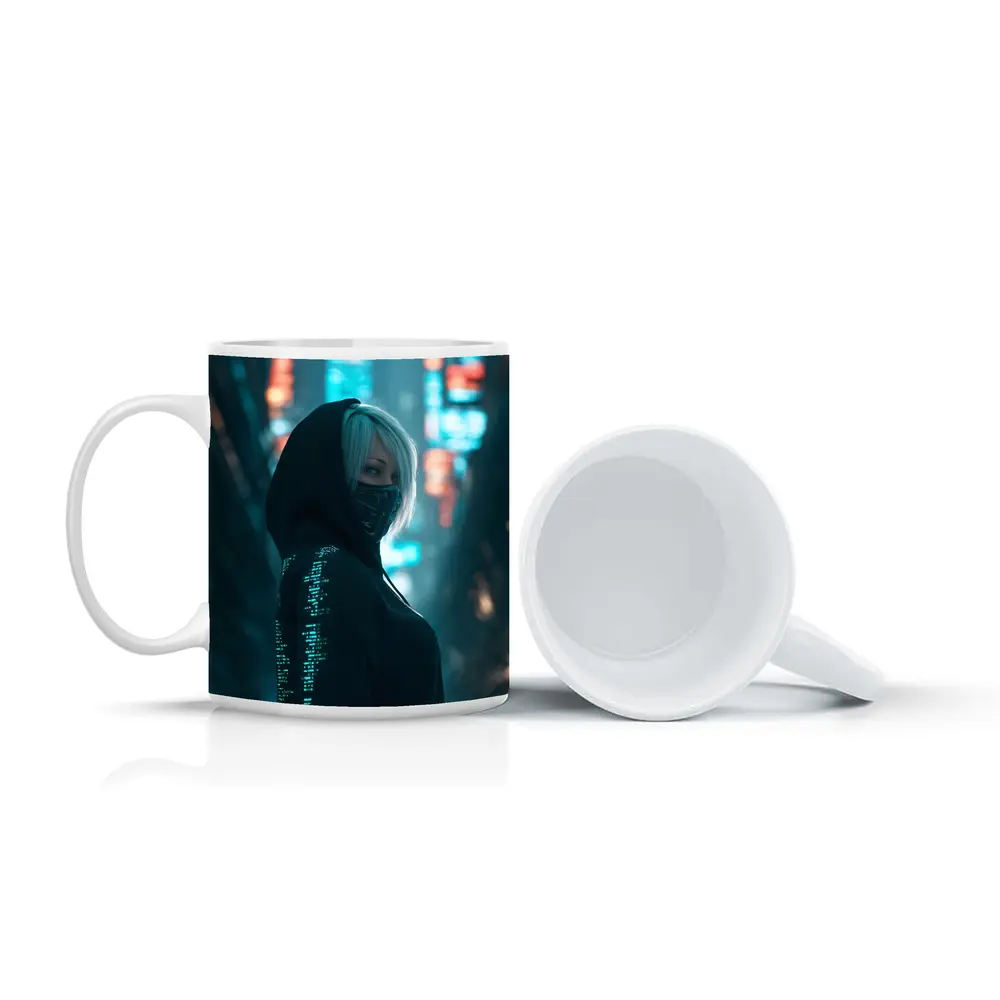 Cyberpunk Girl Neon City Night Street – Mugs