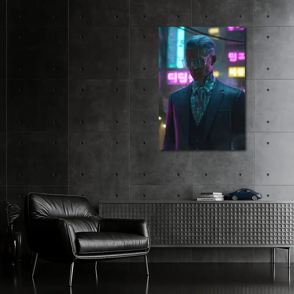 Cyberpunk Man Neon City Rainy Night – Wall Art