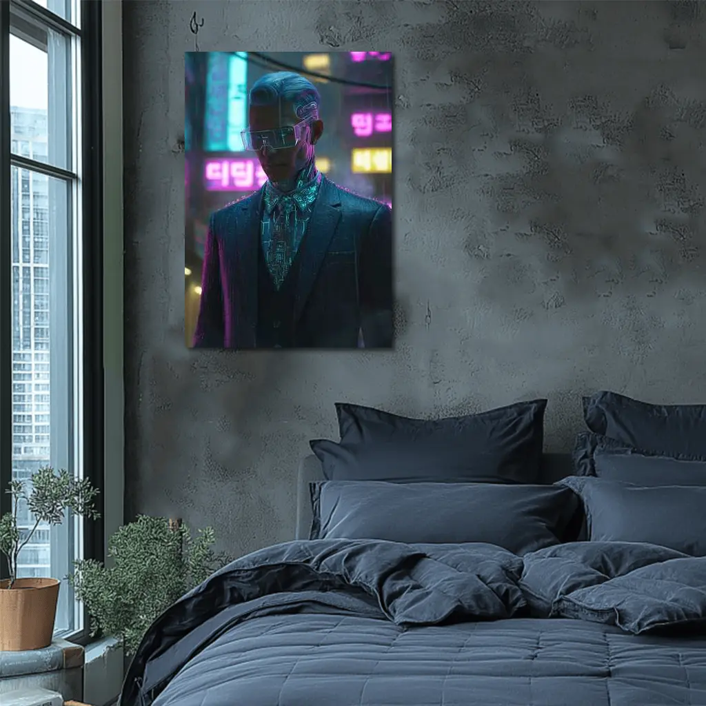 Cyberpunk Man Neon City Rainy Night – Wall Art
