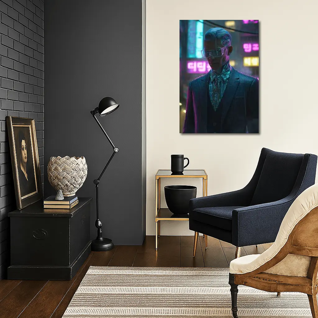 Cyberpunk Man Neon City Rainy Night – Wall Art