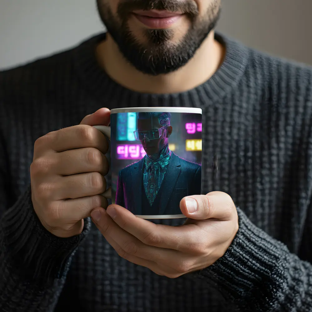 Cyberpunk Man Neon City Rainy Night – Mugs