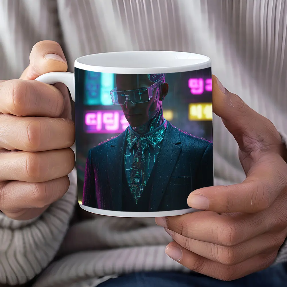 Cyberpunk Man Neon City Rainy Night – Mugs