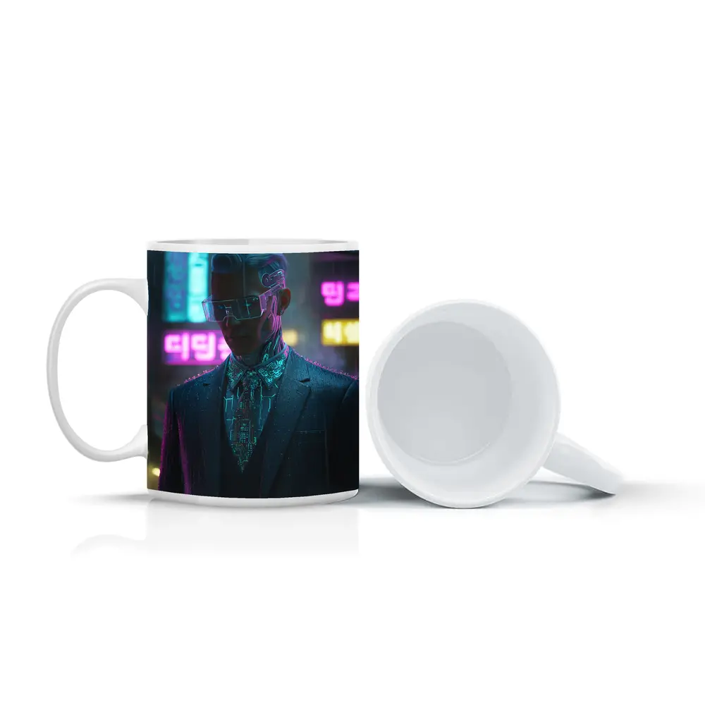 Cyberpunk Man Neon City Rainy Night – Mugs