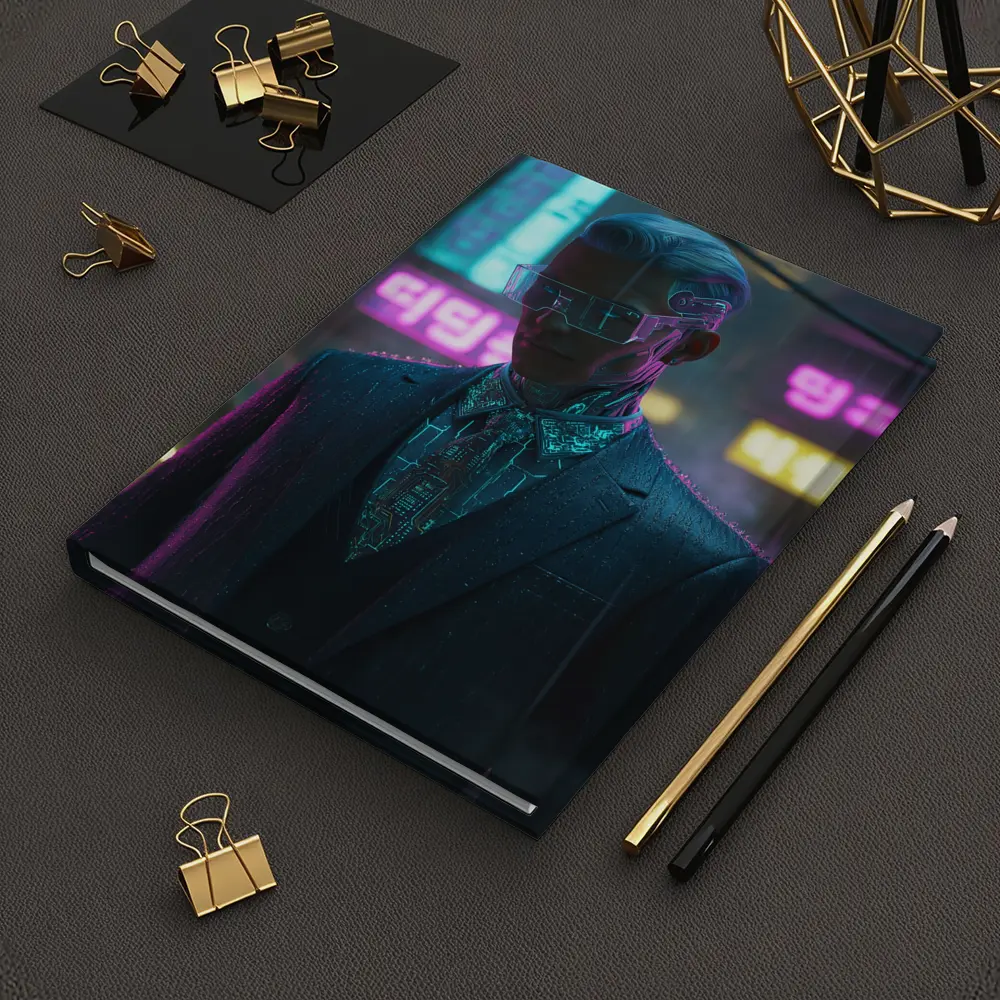 Cyberpunk Man Neon City Rainy Night – Notebooks