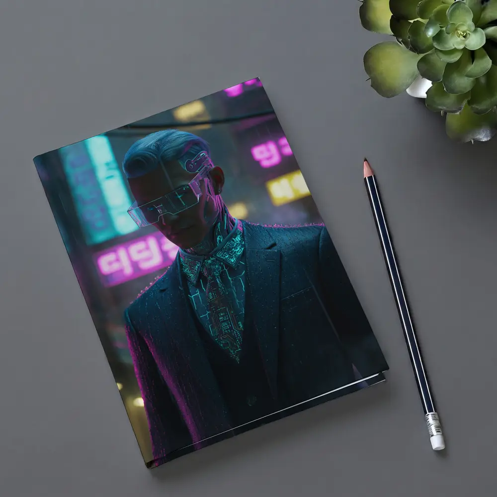 Cyberpunk Man Neon City Rainy Night – Notebooks