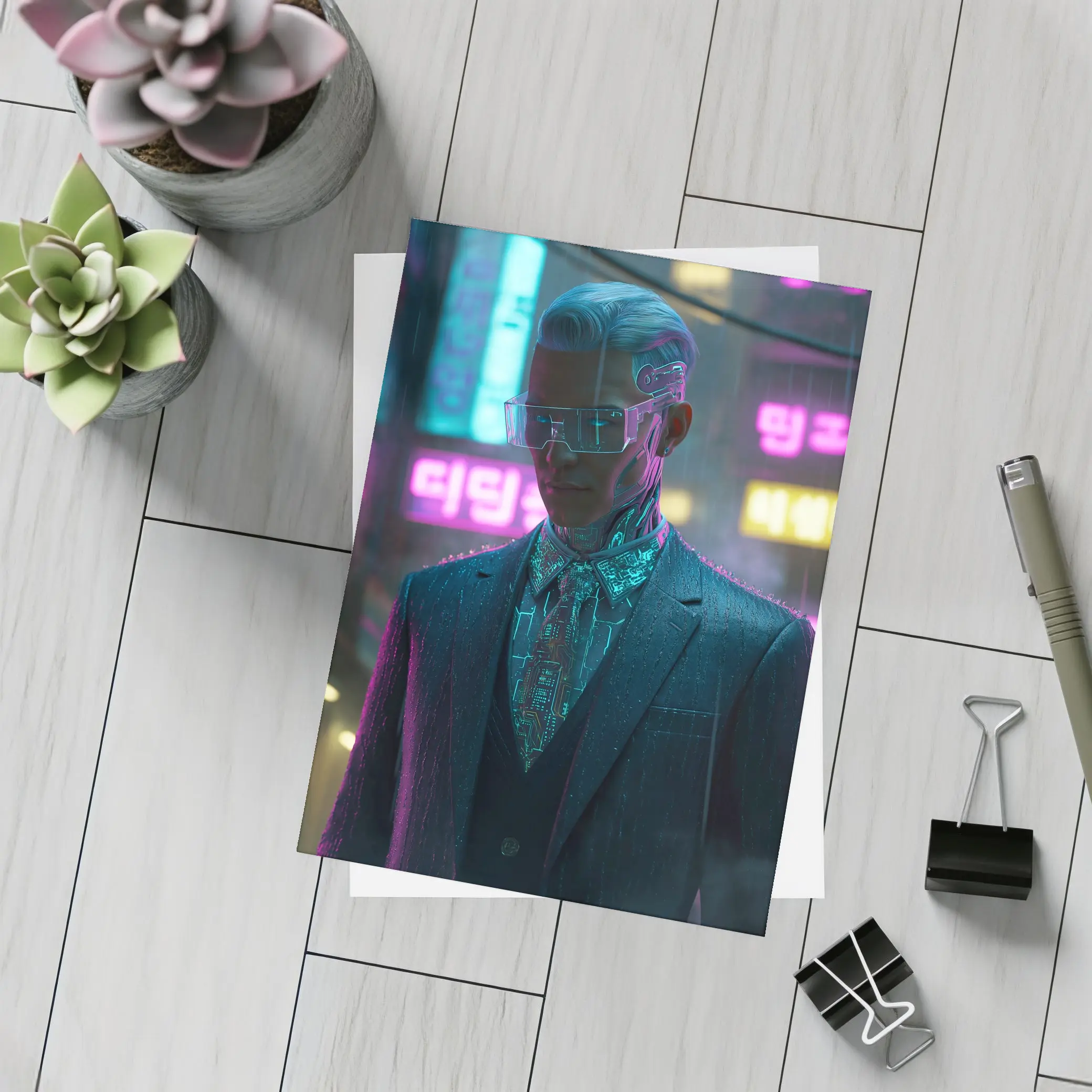 Cyberpunk Man Neon City Rainy Night – Postcards