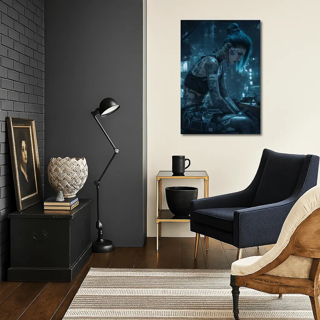 Cyberpunk Tattooed Woman Blue Hair City Night – Wall Art