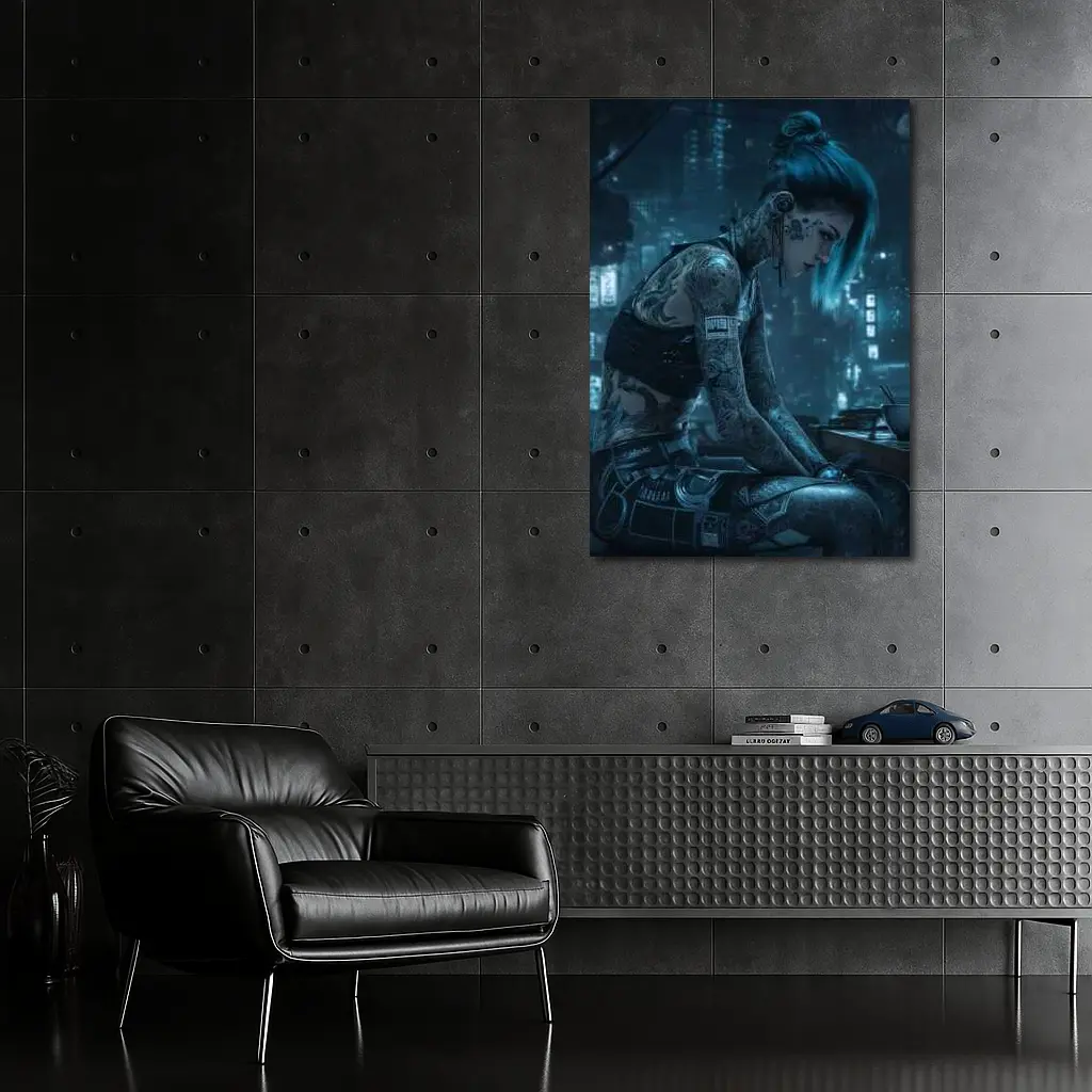 Cyberpunk Tattooed Woman Blue Hair City Night – Wall Art