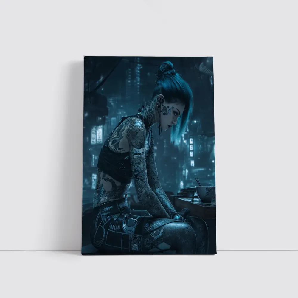 Cyberpunk Tattooed Woman Blue Hair City Night – Wall Art