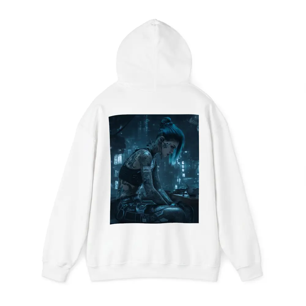 Cyberpunk Tattooed Woman Blue Hair City Night – Hoodies