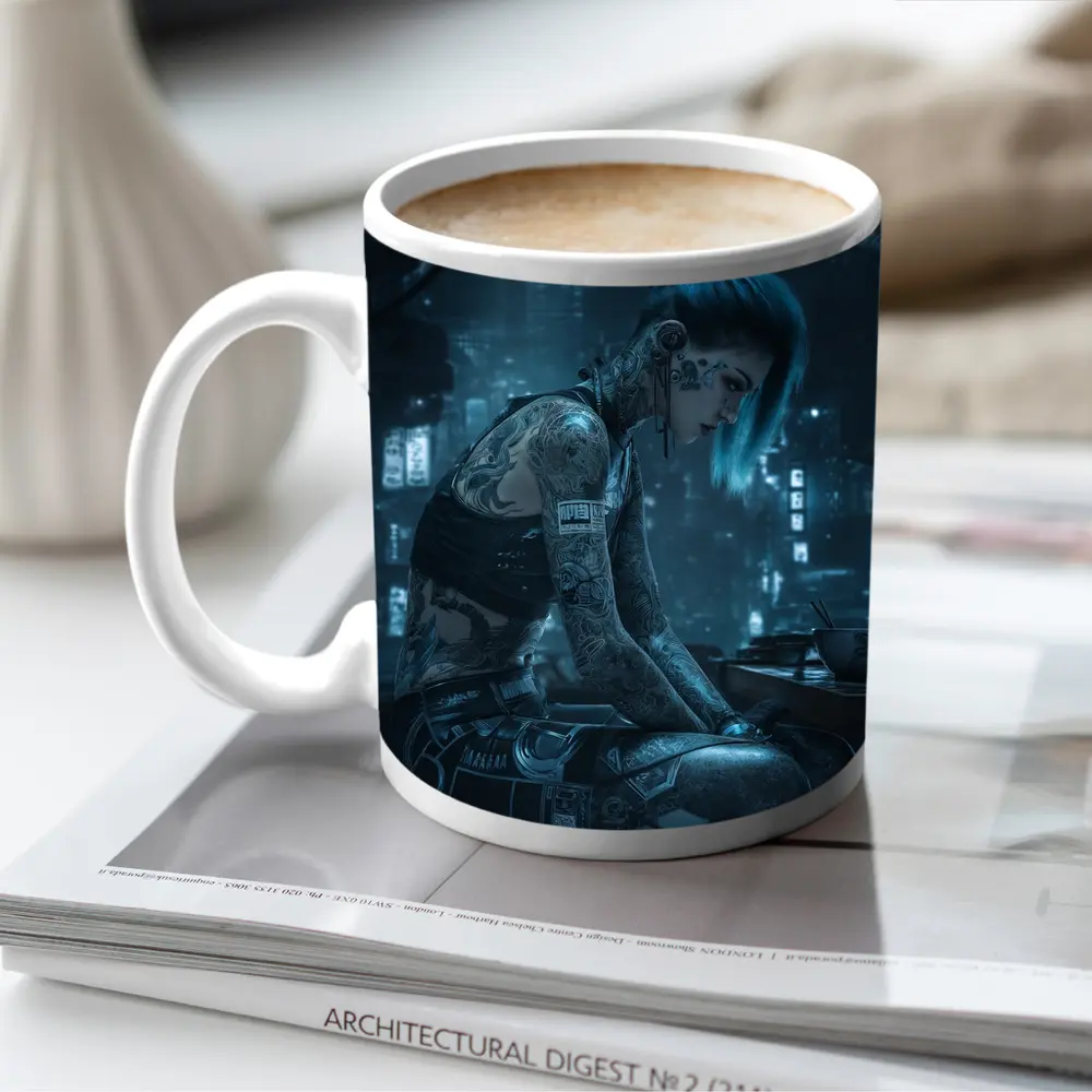 Cyberpunk Tattooed Woman Blue Hair City Night – Mugs