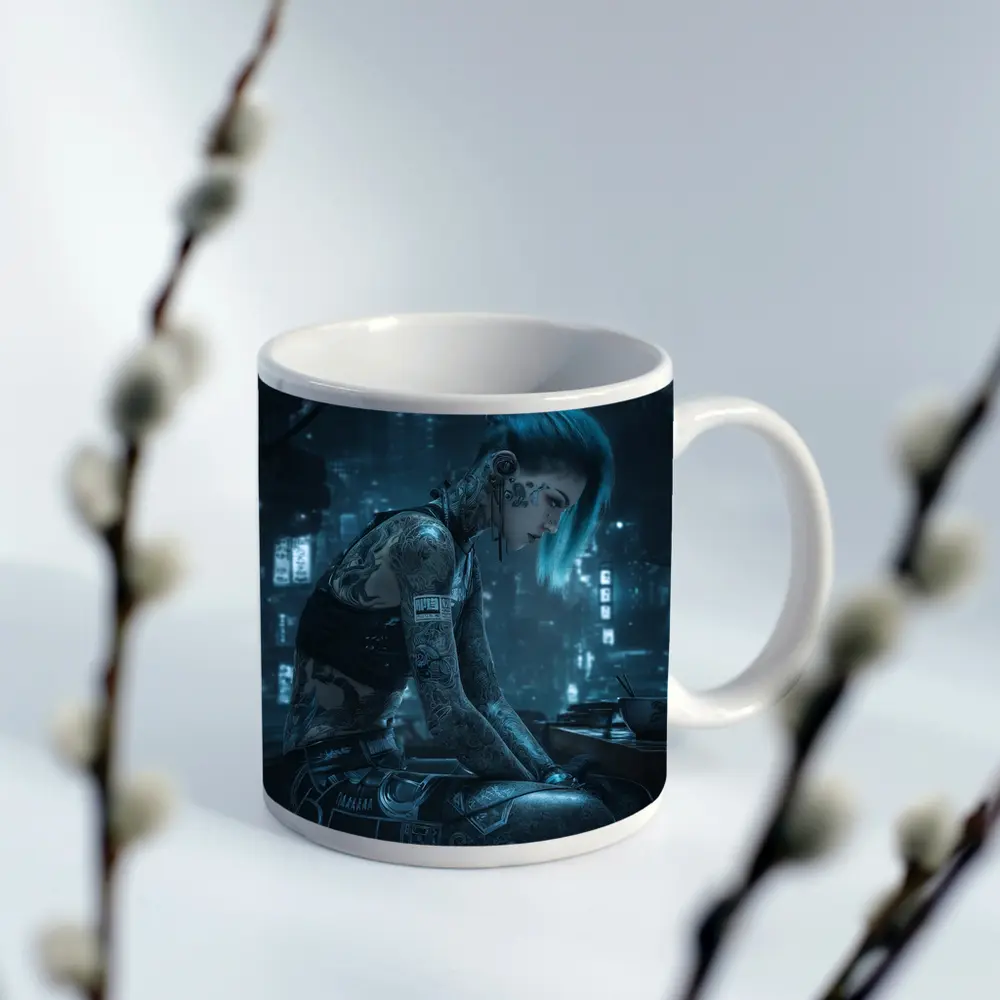 Cyberpunk Tattooed Woman Blue Hair City Night – Mugs