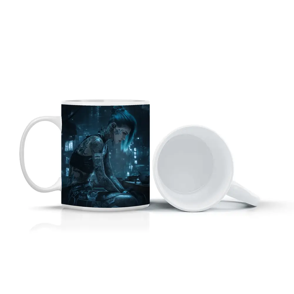 Cyberpunk Tattooed Woman Blue Hair City Night – Mugs