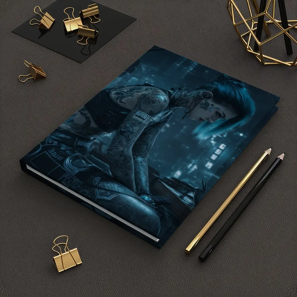 Cyberpunk Tattooed Woman Blue Hair City Night – Notebooks