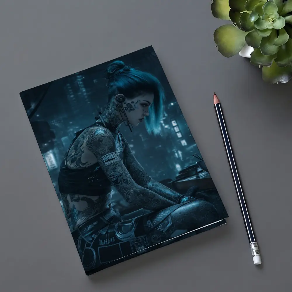 Cyberpunk Tattooed Woman Blue Hair City Night – Notebooks