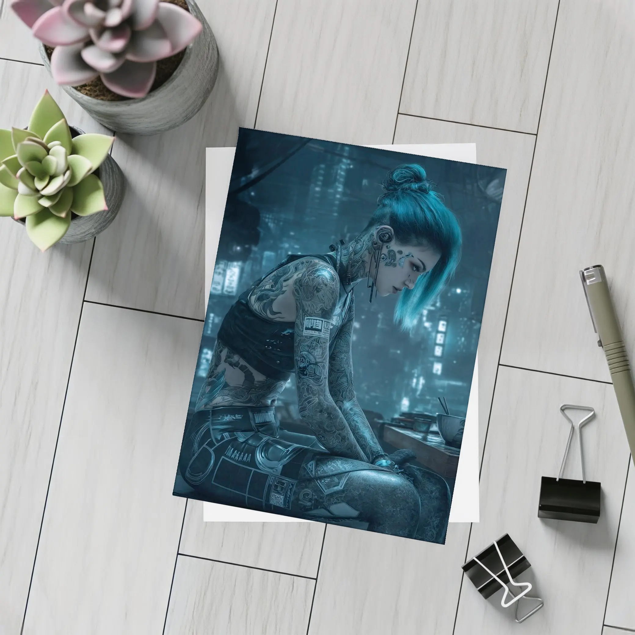 Cyberpunk Tattooed Woman Blue Hair City Night – Postcards