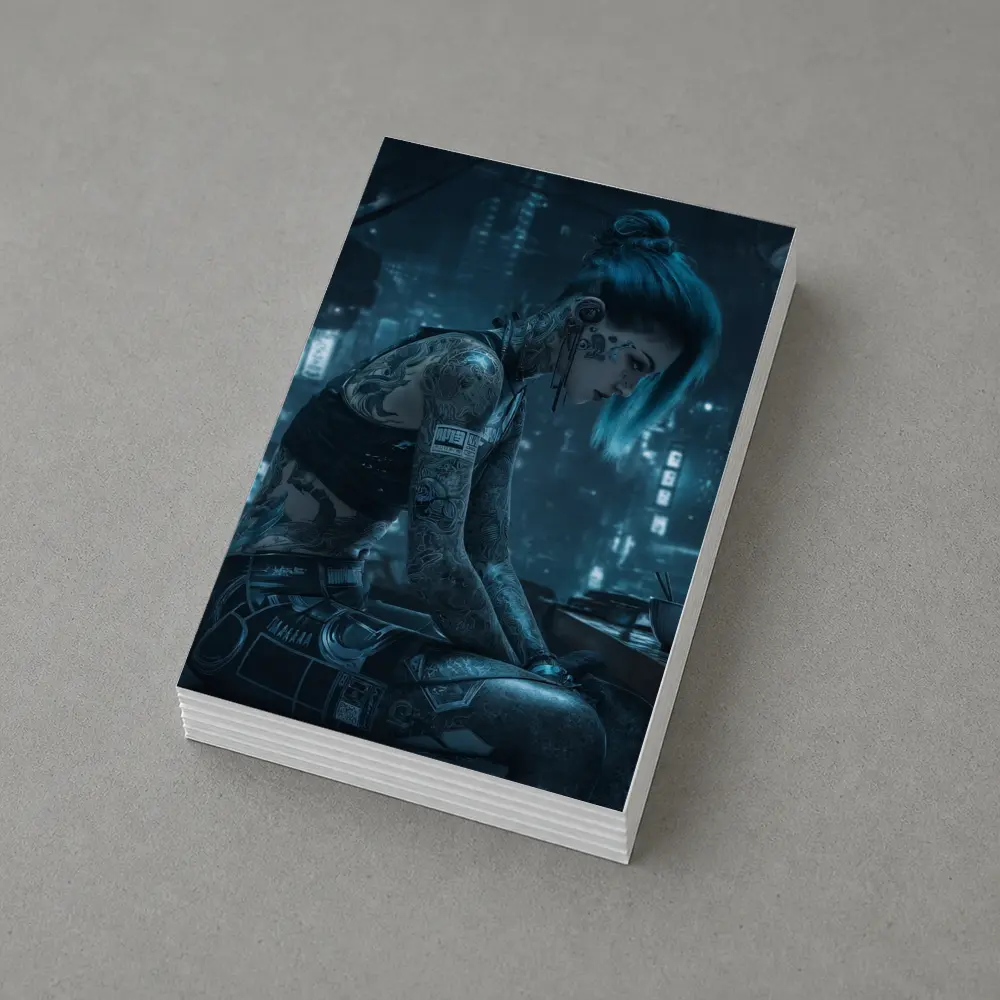 Cyberpunk Tattooed Woman Blue Hair City Night – Postcards