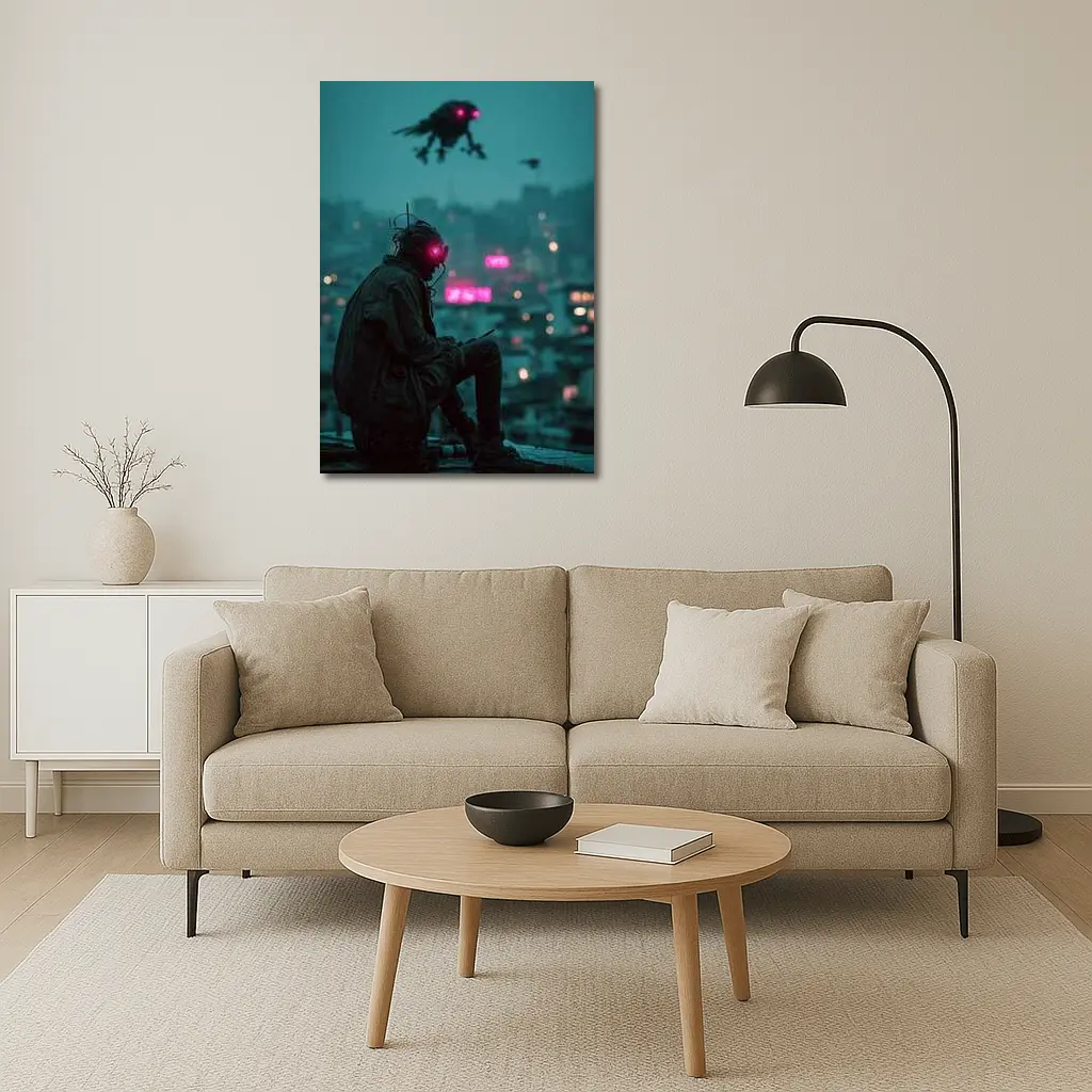Cyberpunk Figure Sitting On Rainy City Rooftop – Wall Art