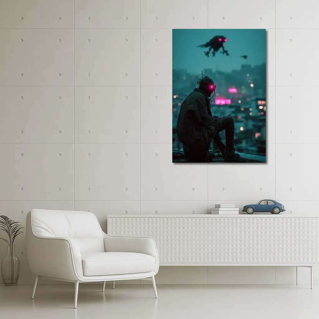 Cyberpunk Figure Sitting On Rainy City Rooftop – Wall Art