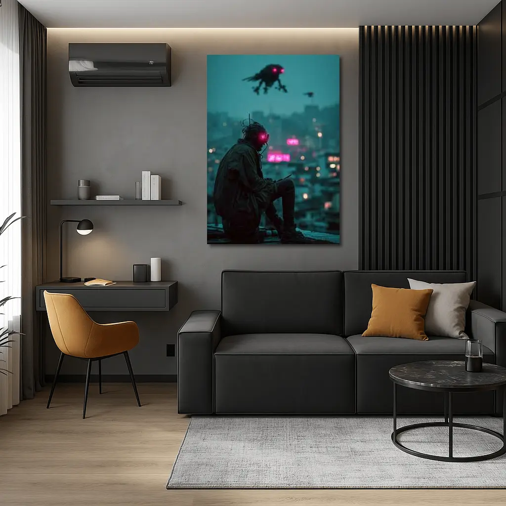 Cyberpunk Figure Sitting On Rainy City Rooftop – Wall Art