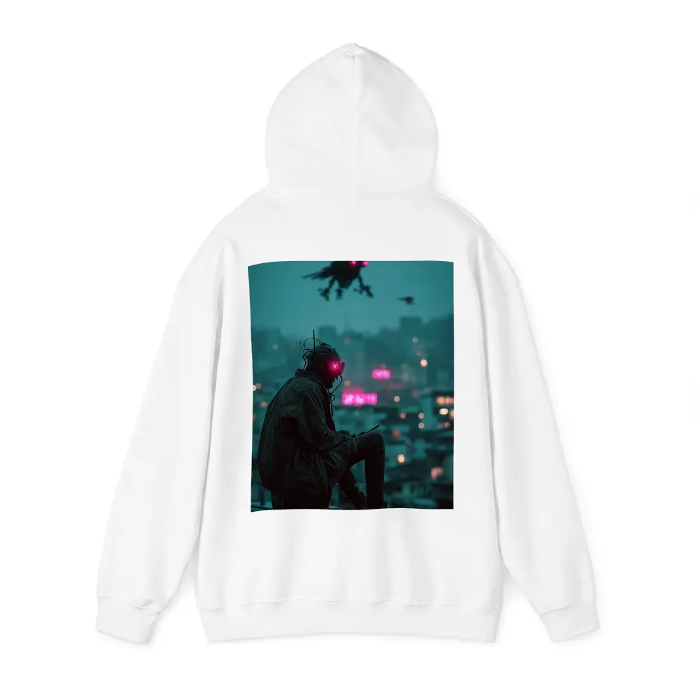 Cyberpunk Figure Sitting On Rainy City Rooftop – Hoodies