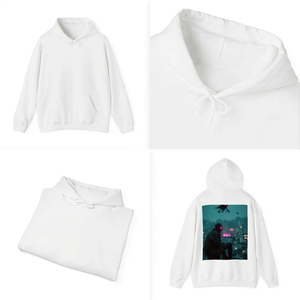 Cyberpunk Figure Sitting On Rainy City Rooftop – Hoodies