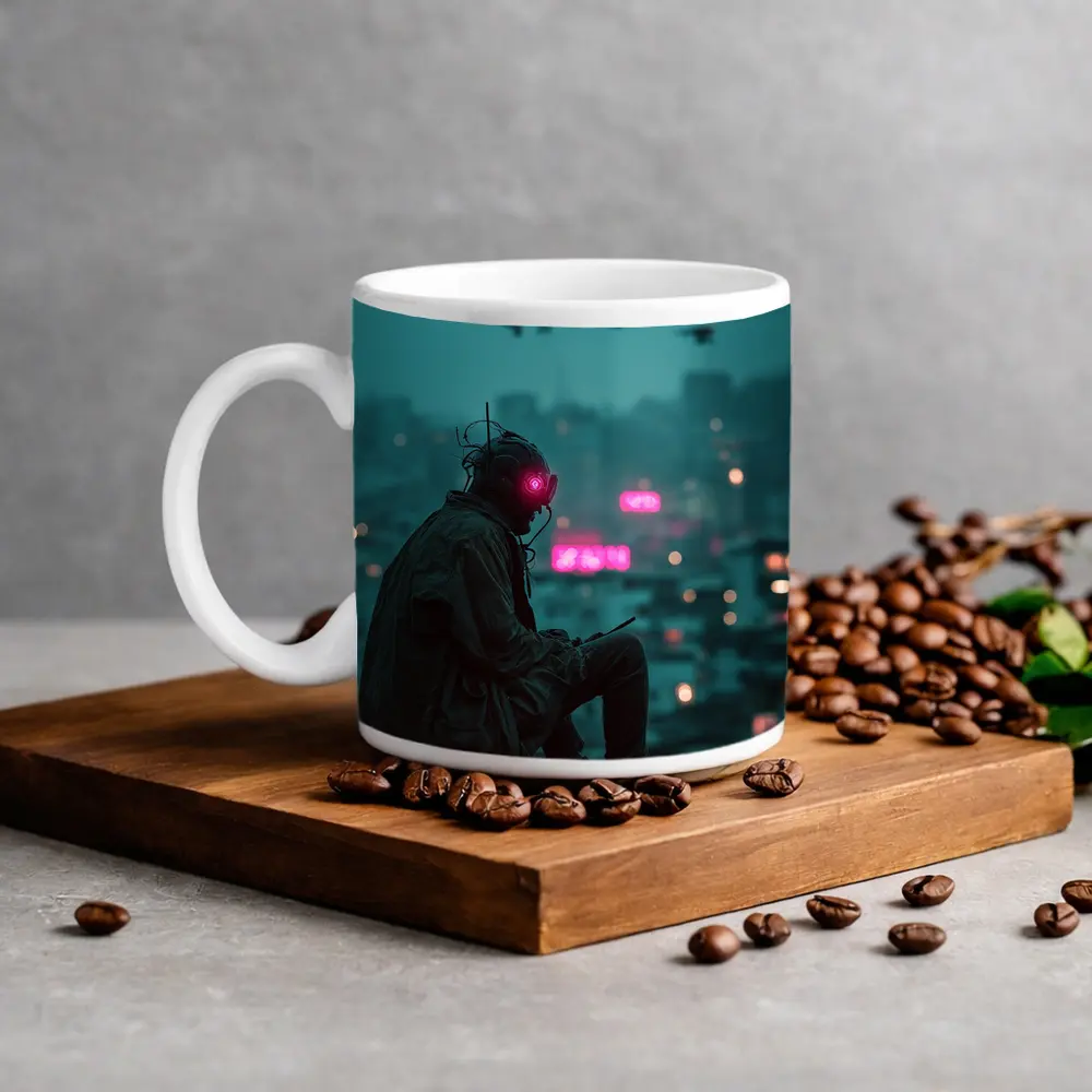 Cyberpunk Figure Sitting On Rainy City Rooftop – Mugs