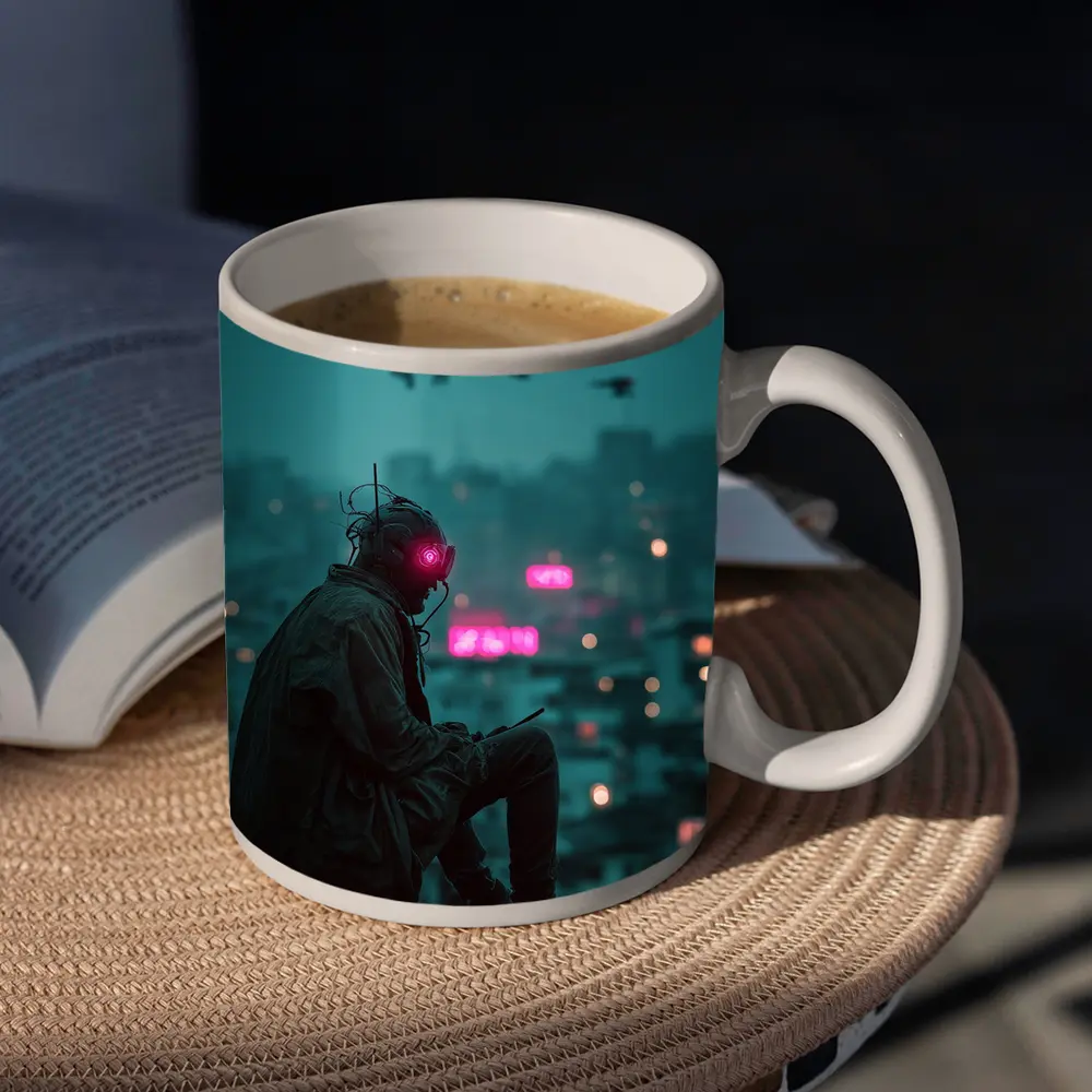 Cyberpunk Figure Sitting On Rainy City Rooftop – Mugs