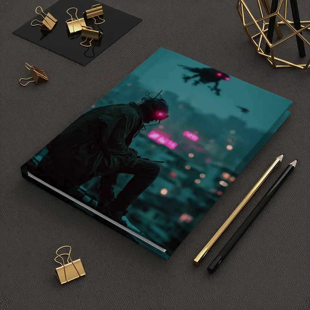 Cyberpunk Figure Sitting On Rainy City Rooftop – Notebooks