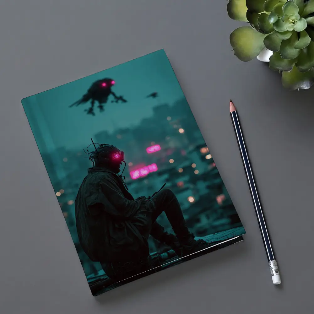 Cyberpunk Figure Sitting On Rainy City Rooftop – Notebooks